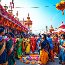 A vibrant and colorful Indian festival scene, showcasing a lively atmosphere filled with traditional decorations, bright saris, and intricate henna designs