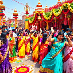 A vibrant and colorful Indian festival scene, showcasing a lively atmosphere filled with traditional decorations, bright saris, and intricate henna designs