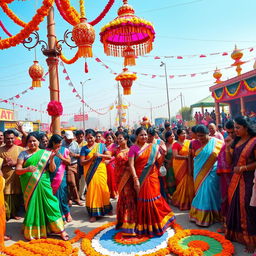 A vibrant and colorful Indian festival scene, showcasing a lively atmosphere filled with traditional decorations, bright saris, and intricate henna designs