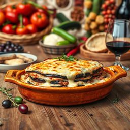 An exquisite presentation of traditional Moussaka, featuring layers of eggplant, minced meat, and creamy béchamel sauce topped with a golden crust