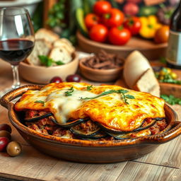 An exquisite presentation of traditional Moussaka, featuring layers of eggplant, minced meat, and creamy béchamel sauce topped with a golden crust