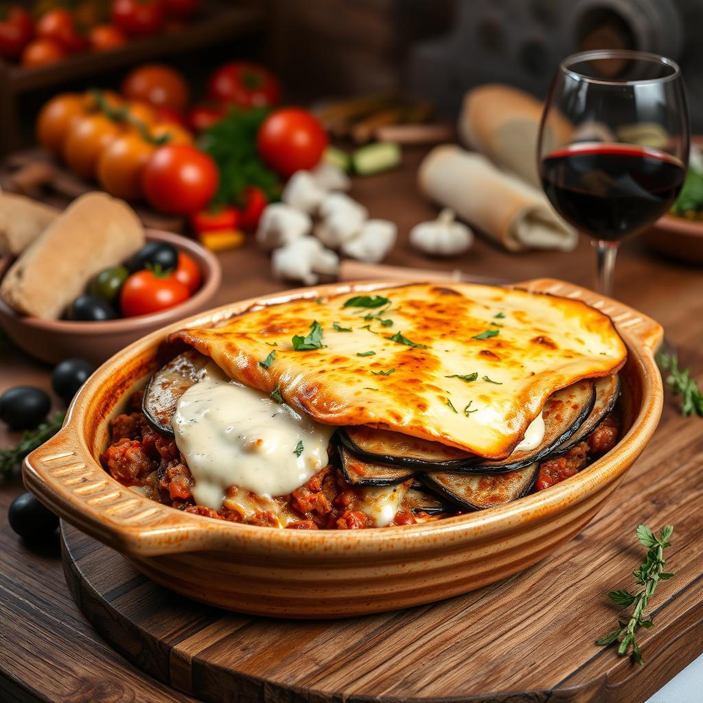 An exquisite presentation of traditional Moussaka, featuring layers of eggplant, minced meat, and creamy béchamel sauce topped with a golden crust