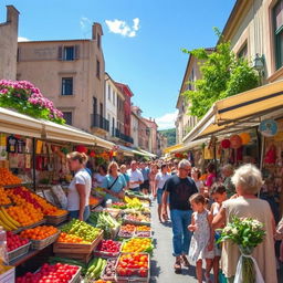A vibrant, bustling street market filled with various stalls offering colorful fruits, vegetables, fresh flowers, and handmade crafts
