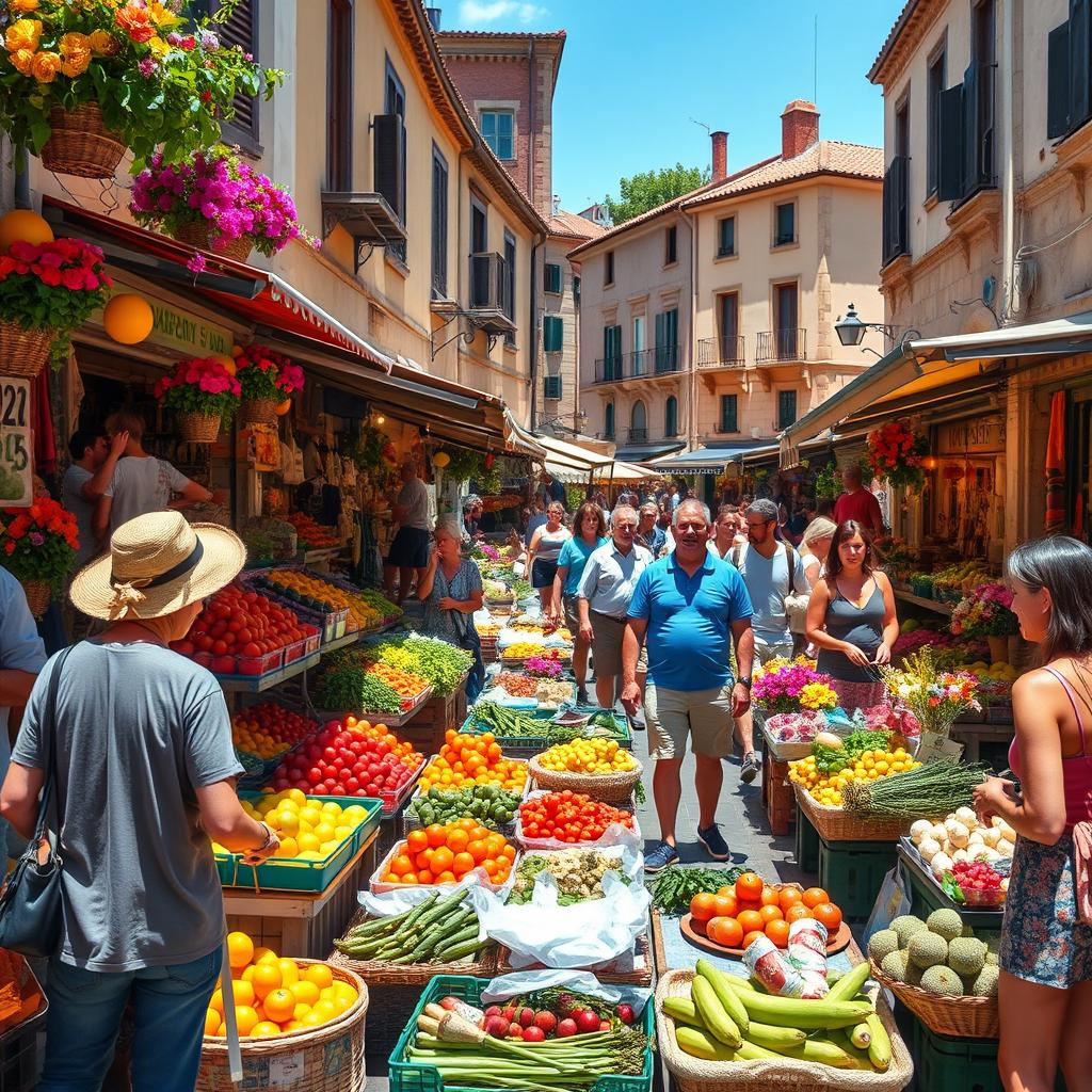 A vibrant, bustling street market filled with various stalls offering colorful fruits, vegetables, fresh flowers, and handmade crafts