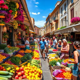A vibrant, bustling street market filled with various stalls offering colorful fruits, vegetables, fresh flowers, and handmade crafts