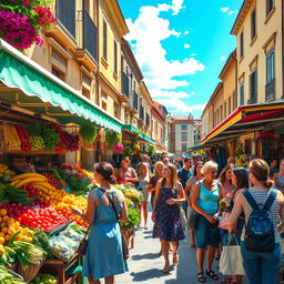 A vibrant, bustling street market filled with various stalls offering colorful fruits, vegetables, fresh flowers, and handmade crafts