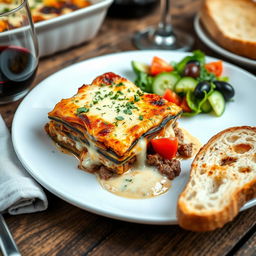 A delicious plate of Greek moussaka, featuring layers of eggplant, ground lamb, and a rich béchamel sauce, garnished with fresh herbs