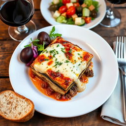 A delicious plate of Greek moussaka, featuring layers of eggplant, ground lamb, and a rich béchamel sauce, garnished with fresh herbs