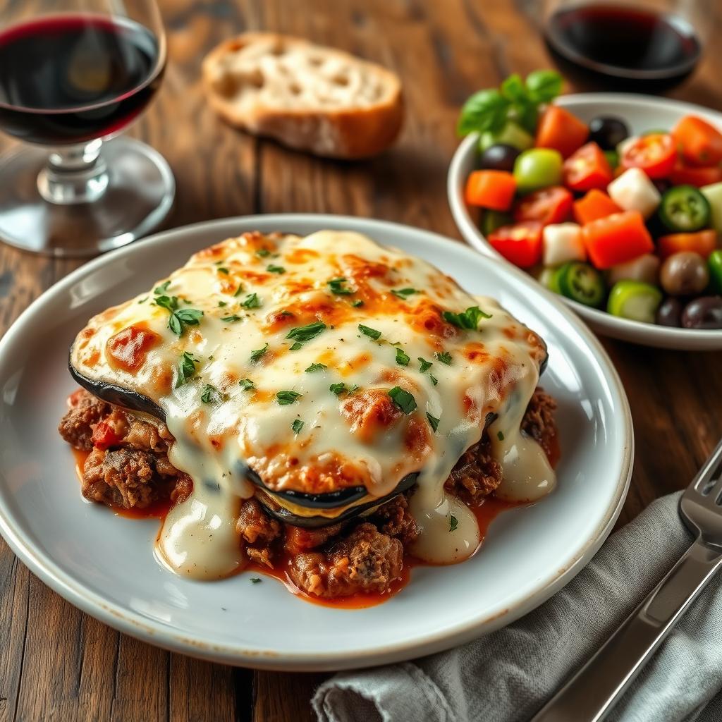A delicious plate of Greek moussaka, featuring layers of eggplant, ground lamb, and a rich béchamel sauce, garnished with fresh herbs