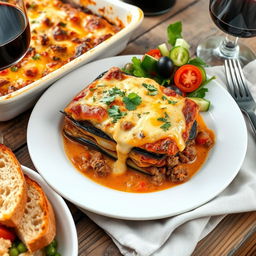 A delicious plate of Greek moussaka, featuring layers of eggplant, ground lamb, and a rich béchamel sauce, garnished with fresh herbs