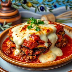 A beautifully plated dish of Moussaka, showcasing layers of tender roasted eggplant, seasoned ground lamb and beef, wrapped in rich tomato sauce