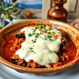 A beautifully plated dish of Moussaka, showcasing layers of tender roasted eggplant, seasoned ground lamb and beef, wrapped in rich tomato sauce