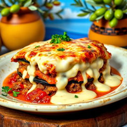 A beautifully plated dish of Moussaka, showcasing layers of tender roasted eggplant, seasoned ground lamb and beef, wrapped in rich tomato sauce