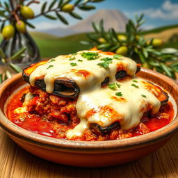 A beautifully plated dish of Moussaka, showcasing layers of tender roasted eggplant, seasoned ground lamb and beef, wrapped in rich tomato sauce
