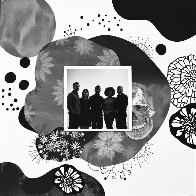 A striking black and white collage featuring various abstract shapes and textures; one central photograph in full color surrounded by a white outline highlighting the figures of the people in the image