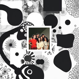 A striking black and white collage featuring various abstract shapes and textures; one central photograph in full color surrounded by a white outline highlighting the figures of the people in the image