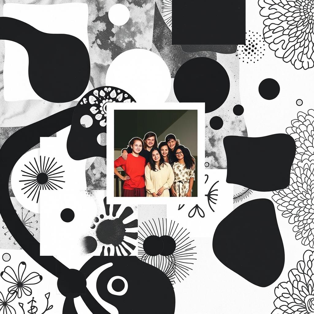 A striking black and white collage featuring various abstract shapes and textures; one central photograph in full color surrounded by a white outline highlighting the figures of the people in the image
