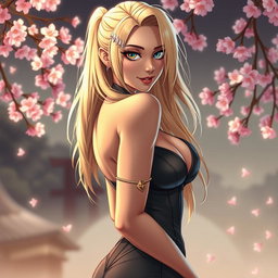An alluring portrayal of Tsunade, captured in a captivating yet tasteful pose that highlights her confident and sexy demeanor