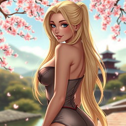 An alluring portrayal of Tsunade, captured in a captivating yet tasteful pose that highlights her confident and sexy demeanor