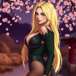 An alluring portrayal of Tsunade, captured in a captivating yet tasteful pose that highlights her confident and sexy demeanor