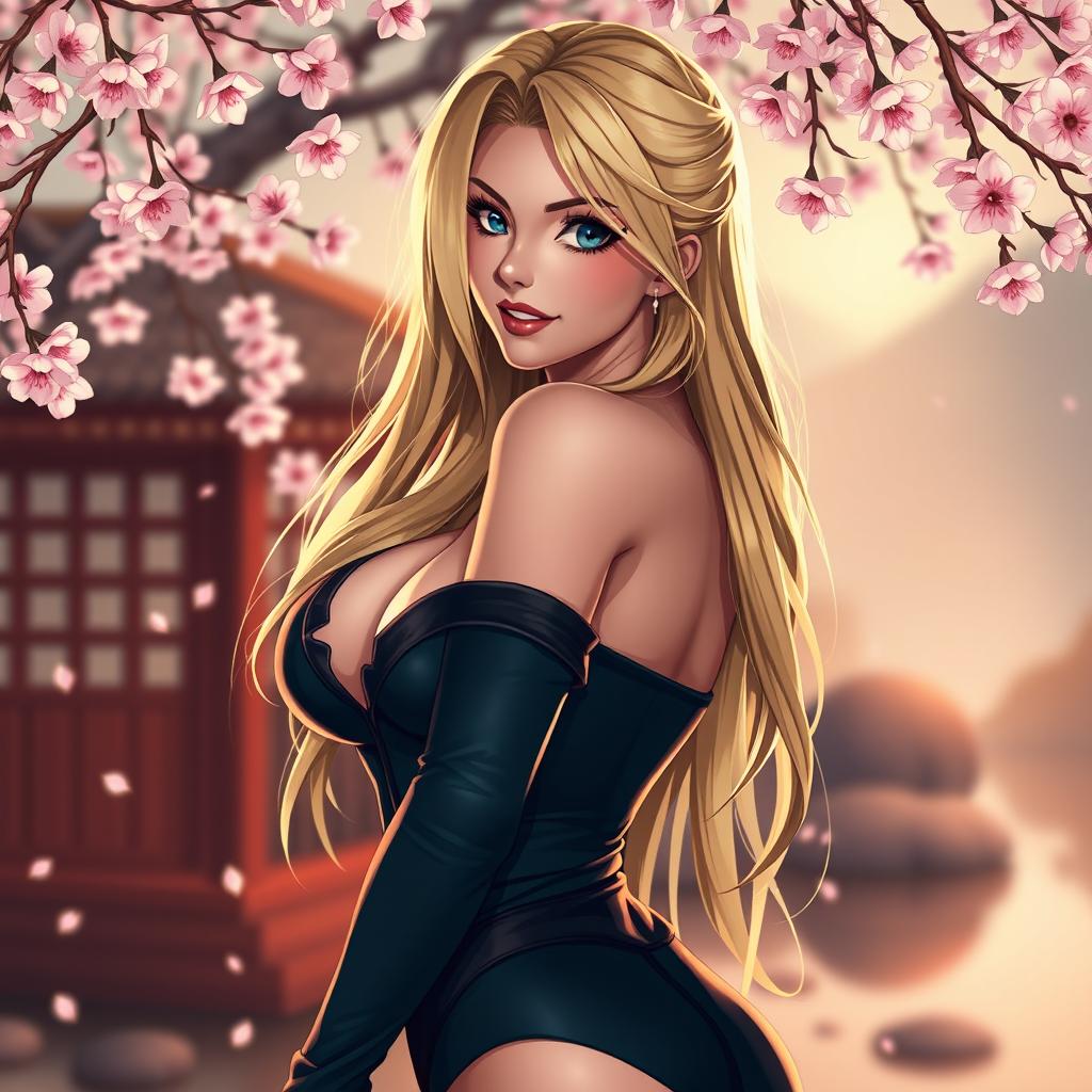 An alluring portrayal of Tsunade, captured in a captivating yet tasteful pose that highlights her confident and sexy demeanor