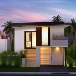 A compact 45 square meter house with 2 bedrooms, 1 with an attached bathroom. It features an open kitchen, a common living area with a second shared bathroom, and a spacious balcony.