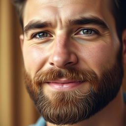 A close-up of a man's face with a neatly groomed beard
