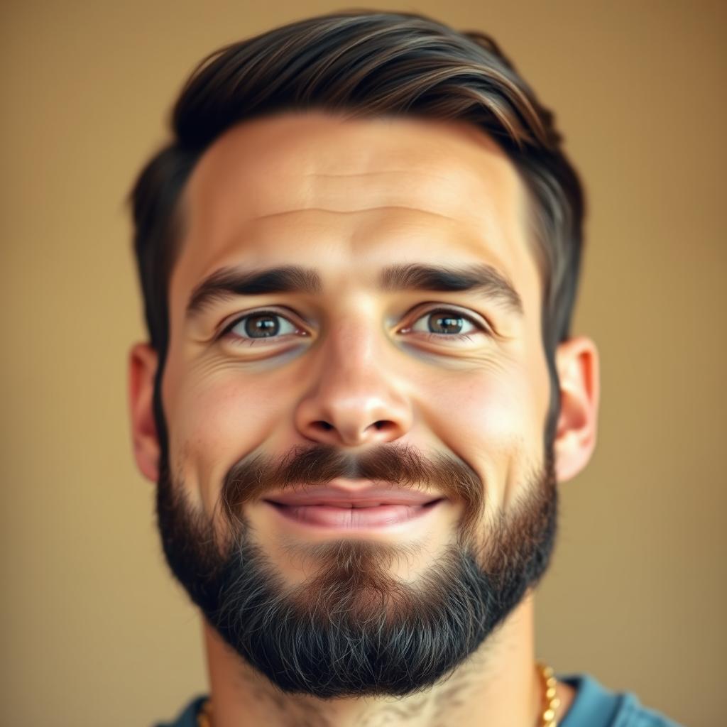 A close-up of a man's face with a neatly groomed beard