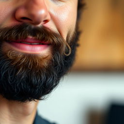 A close-up of a man's face with a neatly groomed beard