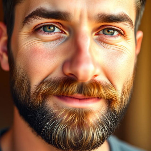 A close-up of a man's face with a neatly groomed beard