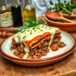 A beautifully plated serving of traditional Greek moussaka, showcasing layers of succulent ground lamb and eggplant, topped with a creamy béchamel sauce