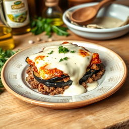 A beautifully plated serving of traditional Greek moussaka, showcasing layers of succulent ground lamb and eggplant, topped with a creamy béchamel sauce