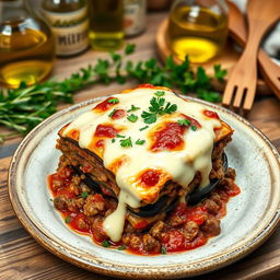 A beautifully plated serving of traditional Greek moussaka, showcasing layers of succulent ground lamb and eggplant, topped with a creamy béchamel sauce