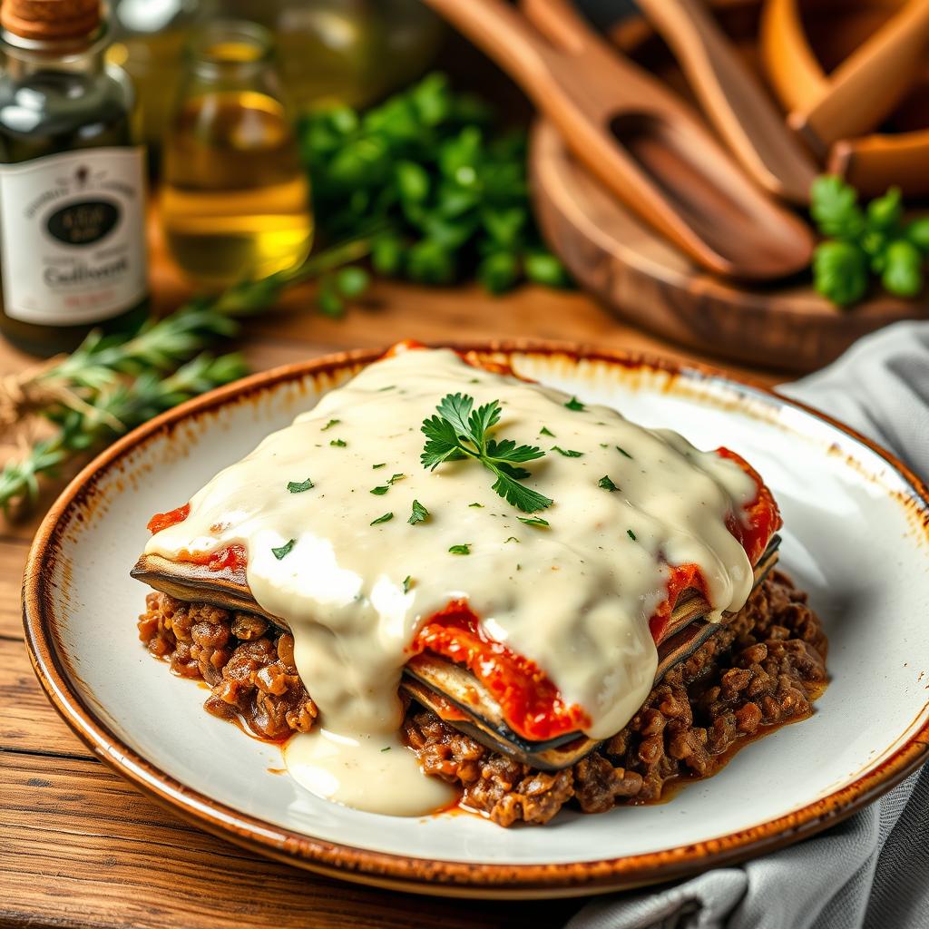 A beautifully plated serving of traditional Greek moussaka, showcasing layers of succulent ground lamb and eggplant, topped with a creamy béchamel sauce
