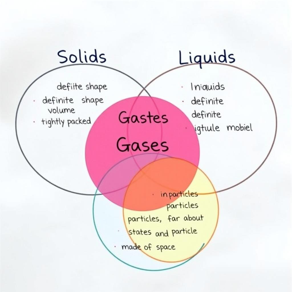 A Venn diagram visually depicting the comparison and contrast between solids, liquids, and gases