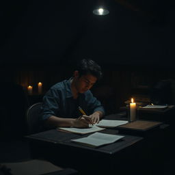 A faceless young man deeply immersed in writing his thoughts in a dimly lit room