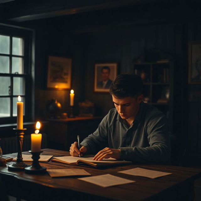 A faceless young man deeply immersed in writing his thoughts in a dimly lit room