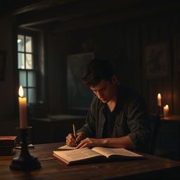 A faceless young man deeply immersed in writing his thoughts in a dimly lit room