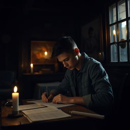 A faceless young man deeply immersed in writing his thoughts in a dimly lit room