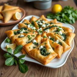 A beautifully arranged platter of spanakopita, featuring golden-brown phyllo pastry triangles filled with delicious organic spinach and feta cheese