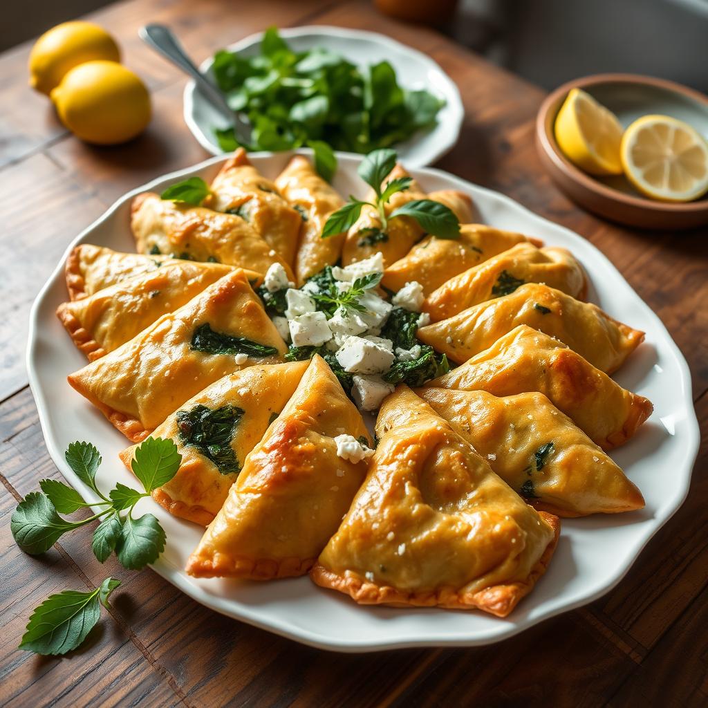 A beautifully arranged platter of spanakopita, featuring golden-brown phyllo pastry triangles filled with delicious organic spinach and feta cheese