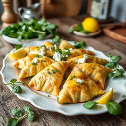 A beautifully arranged platter of spanakopita, featuring golden-brown phyllo pastry triangles filled with delicious organic spinach and feta cheese