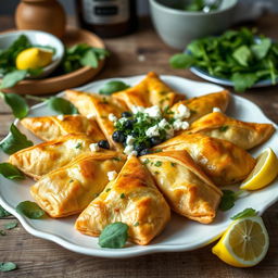 A beautifully arranged platter of spanakopita, featuring golden-brown phyllo pastry triangles filled with delicious organic spinach and feta cheese