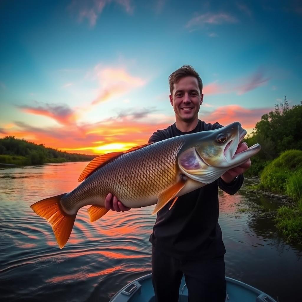 A person catching a large fish at a river during a stunning sunset, wearing a black shirt and black pants