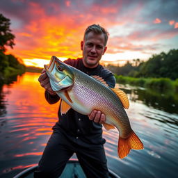 A person catching a large fish at a river during a stunning sunset, wearing a black shirt and black pants