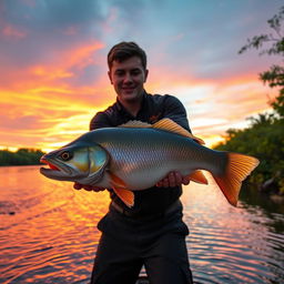 A person catching a large fish at a river during a stunning sunset, wearing a black shirt and black pants