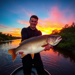 A person catching a large fish at a river during a stunning sunset, wearing a black shirt and black pants