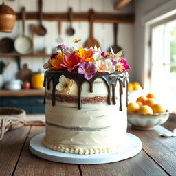 A beautifully decorated cake, featuring layers of rich chocolate and vanilla sponge, elegantly frosted with smooth buttercream icing