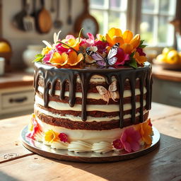 A beautifully decorated cake, featuring layers of rich chocolate and vanilla sponge, elegantly frosted with smooth buttercream icing