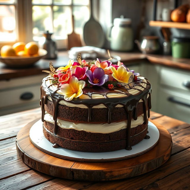 A beautifully decorated cake, featuring layers of rich chocolate and vanilla sponge, elegantly frosted with smooth buttercream icing